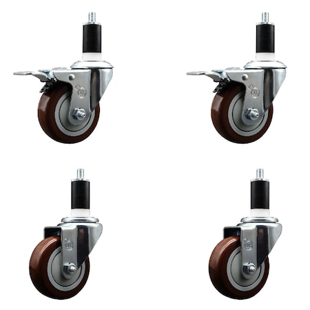 Service Caster 3.5'' SS Maroon Poly Swivel 1-3/8'' Expanding Stem Caster Set 2 Total Lock Brakes, 4PK SCC-SSEXTTL20S3514-PPUB-MRN-2S2-138